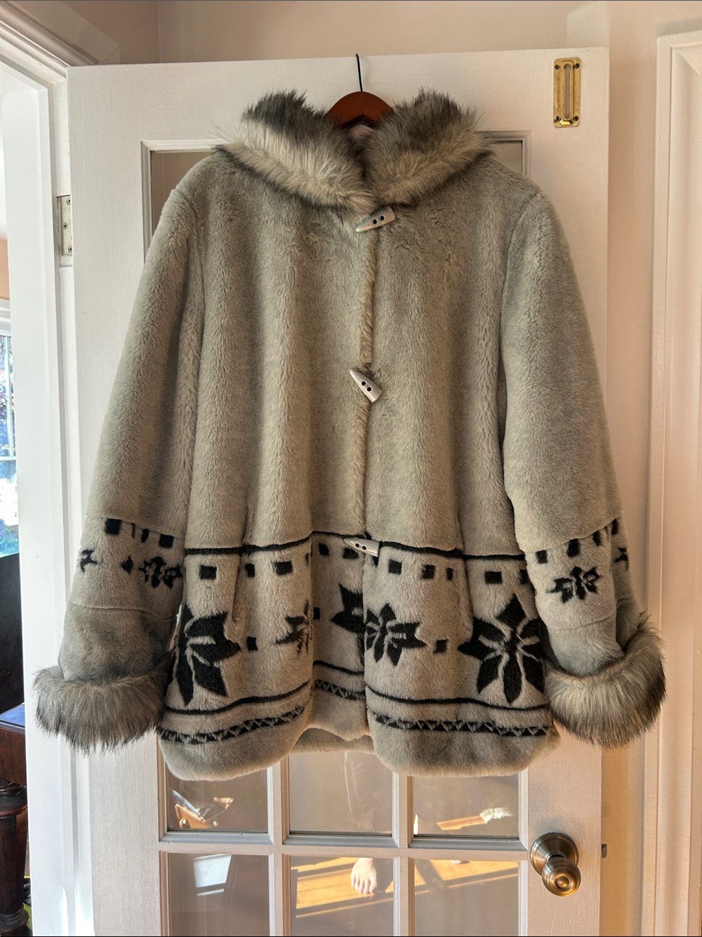 Alia Hooded Faux Fur Coat with Nordic Trim - Light Gray